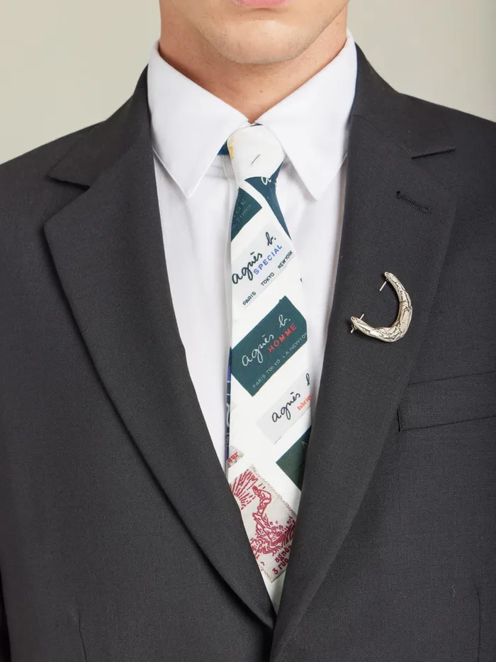 Men Agns B Ties and Bow Ties White Cotton Printed Motifs Label Tie