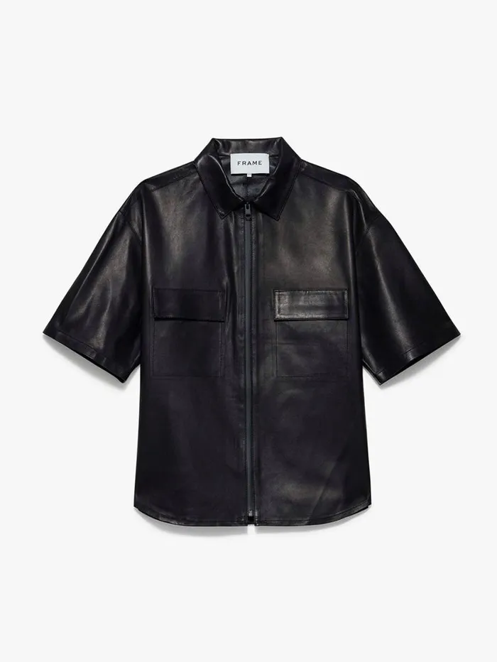 Men Jackets and Coats FRAME Relaxed Short Sleeve Leather Shirt 8212 Noir