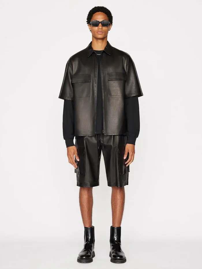 Men Jackets and Coats FRAME Relaxed Short Sleeve Leather Shirt 8212 Noir