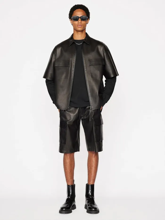 Men Jackets and Coats FRAME Relaxed Short Sleeve Leather Shirt 8212 Noir