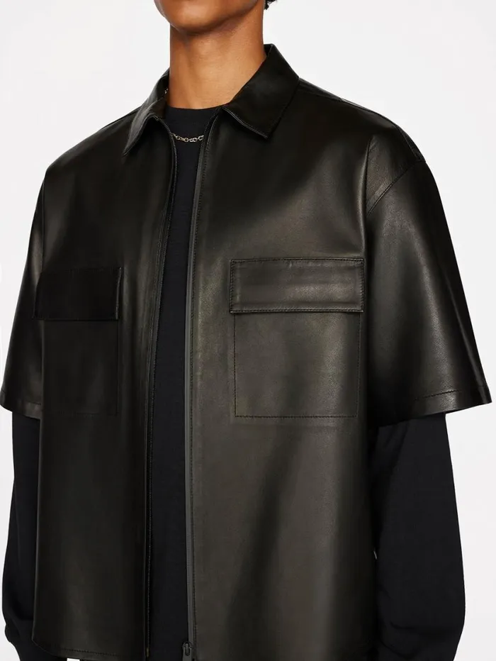 Men Jackets and Coats FRAME Relaxed Short Sleeve Leather Shirt 8212 Noir