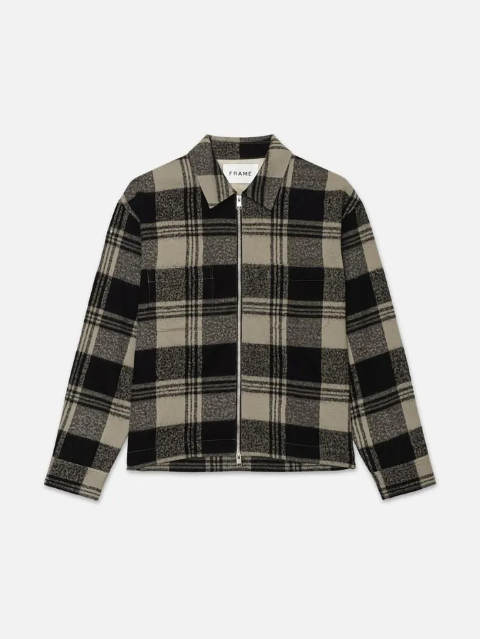 Men Jackets and Coats FRAME Spring Plaid Zip Shirt Jacket 8212 Smoke BeigeNoir