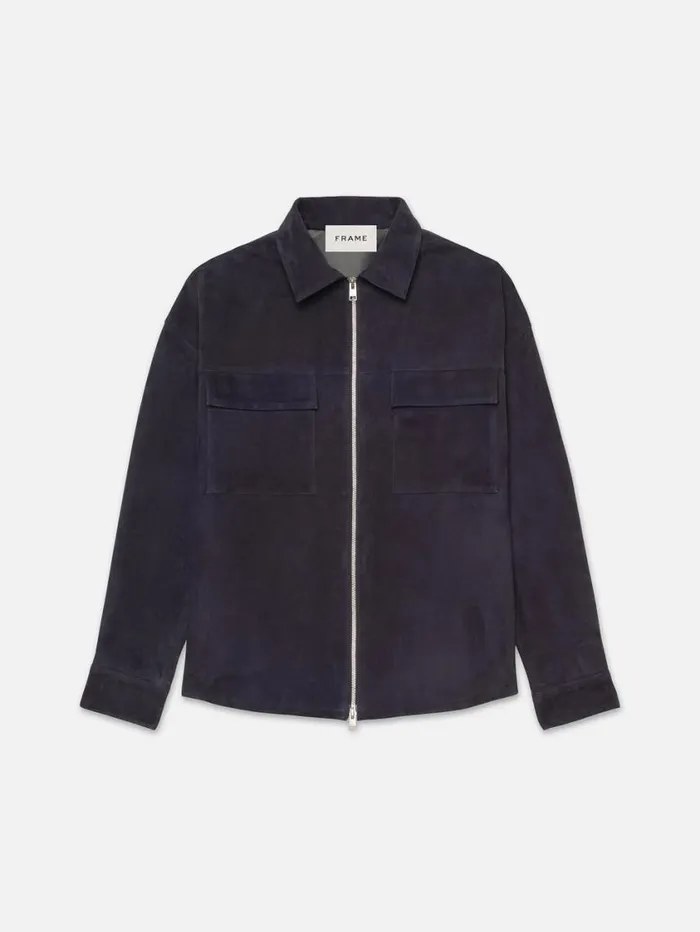 Men Leather and Suede FRAME Clean Suede Zip Shirt 8212 Dark Navy