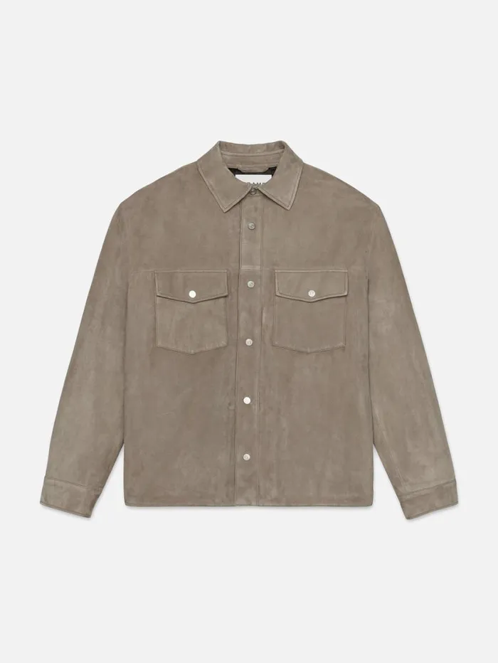 Men Leather and Suede FRAME Long Sleeve Suede Padded Shirt 8212 Stone Beige