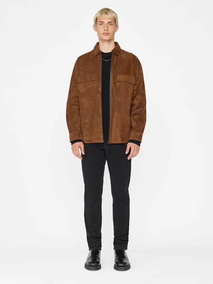 Men Leather and Suede FRAME Long Sleeve Suede Shirt 8212 Caramel