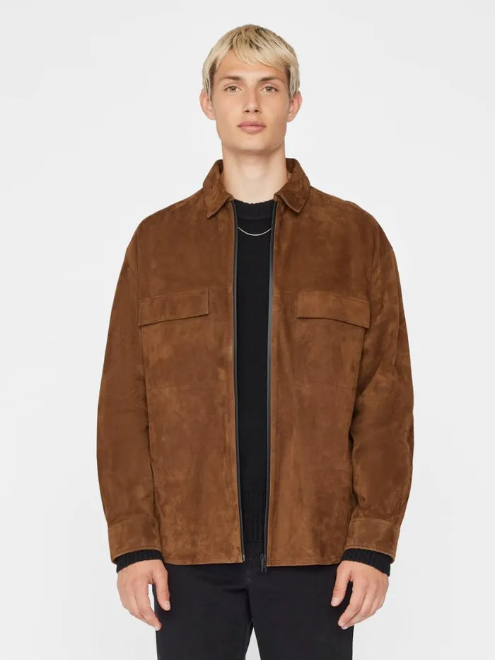 Men Leather and Suede FRAME Long Sleeve Suede Shirt 8212 Caramel