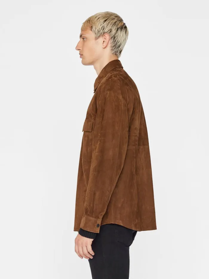 Men Leather and Suede FRAME Long Sleeve Suede Shirt 8212 Caramel