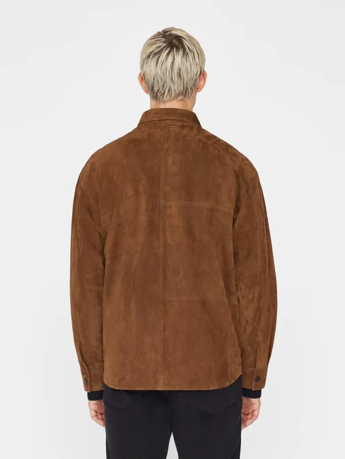 Men Leather and Suede FRAME Long Sleeve Suede Shirt 8212 Caramel