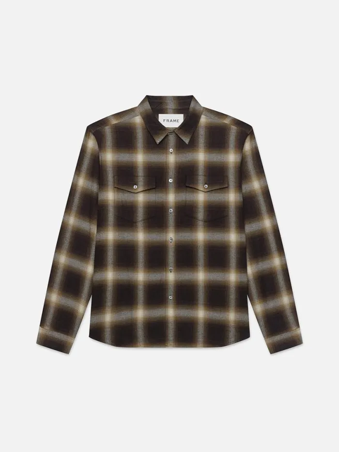 Men Shirts FRAME Brushed Cotton Plaid Shirt 8212 Marron
