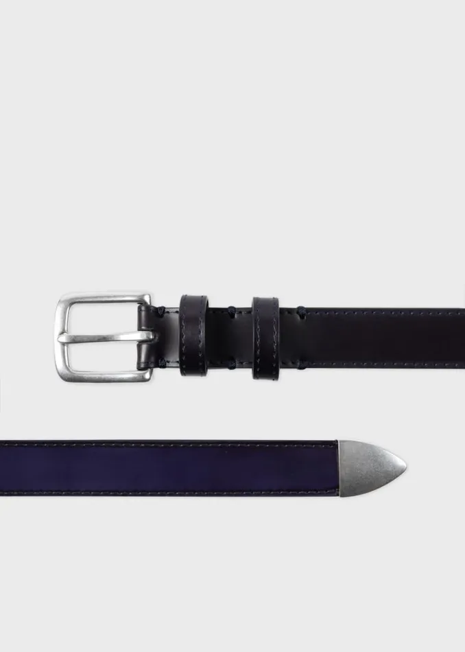 Mens Paul Smith Belts Gradient Dark Purple And Black Leather Silver Tip Belt