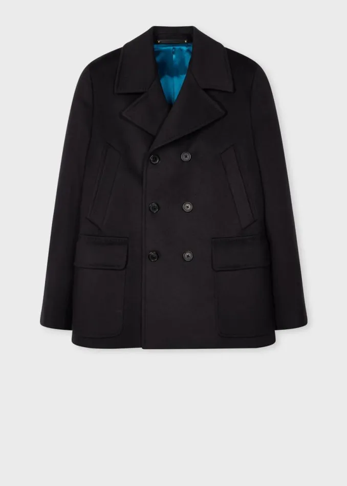 Mens Paul Smith Coats and Jackets Dark Navy Wool And CashmereBlend Pea Coat