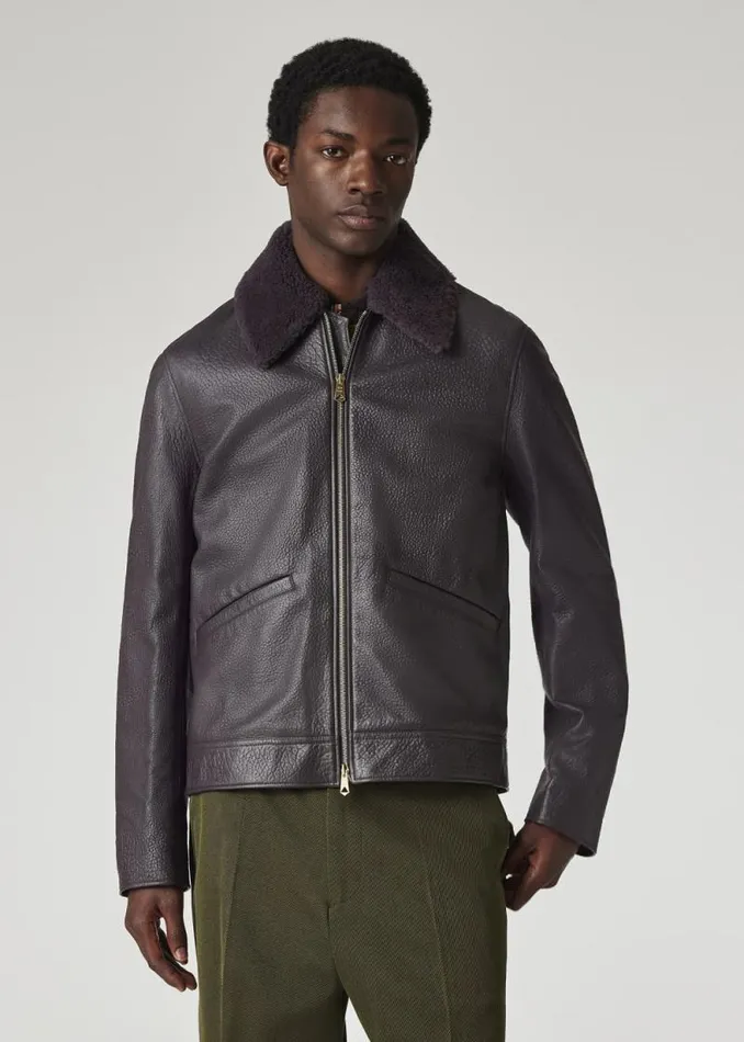 Mens Paul Smith Coats and Jackets Dark Purple Grained Leather Jacket