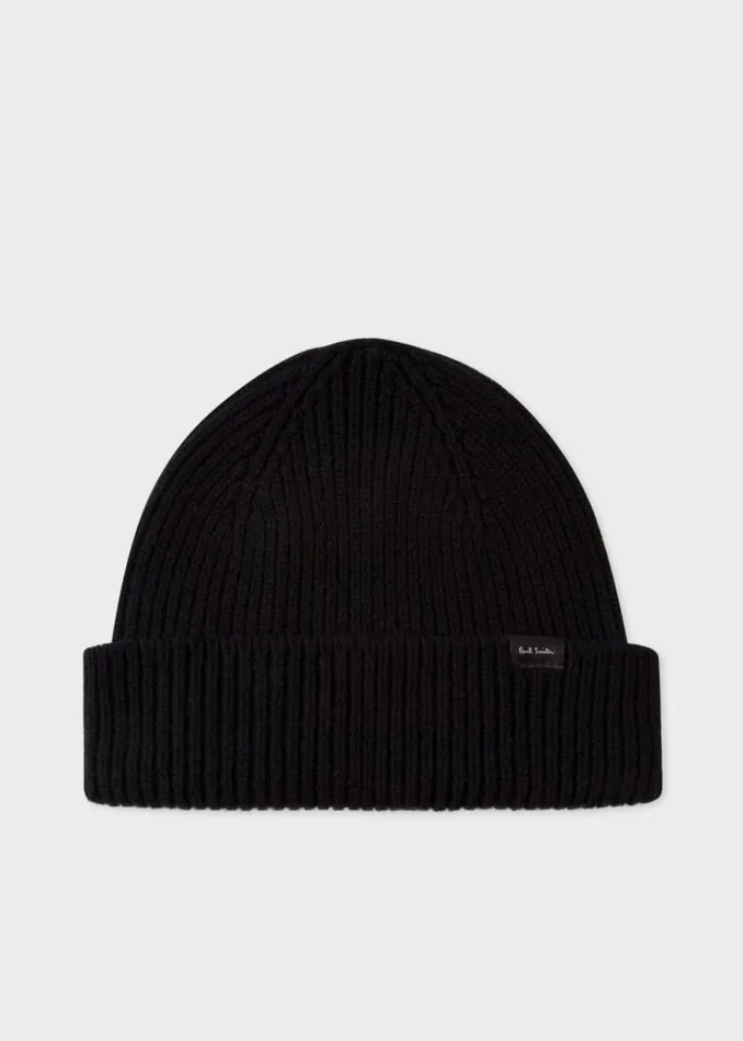 Mens Paul Smith Hats and Gloves Black CashmereBlend Beanie Hat