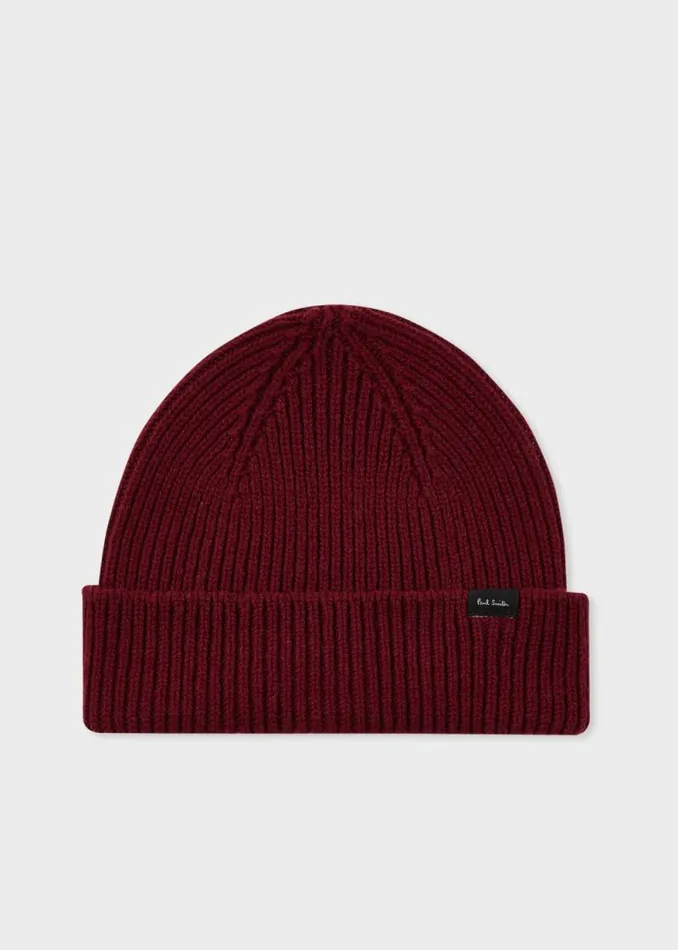 Mens Paul Smith Hats and Gloves Burgundy CashmereBlend Ribbed Beanie Hat
