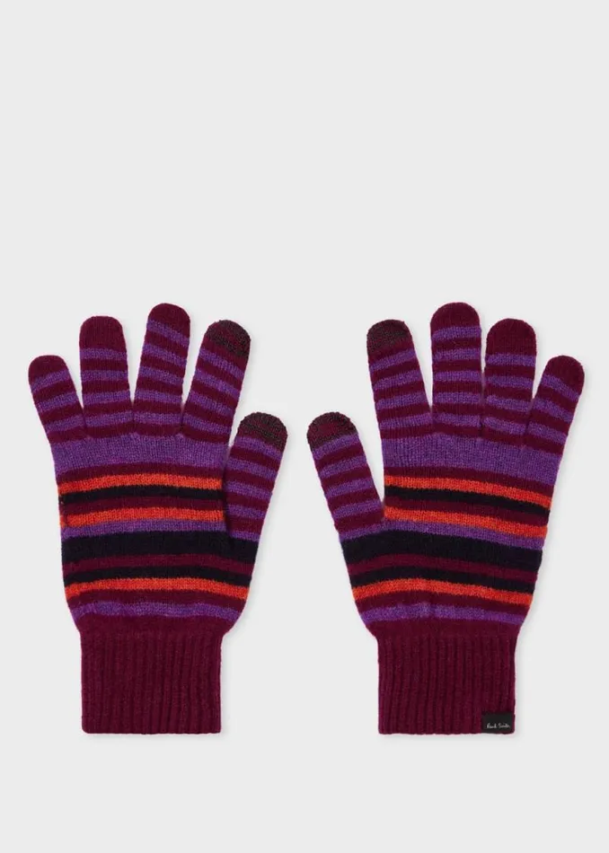 Mens Paul Smith Hats and Gloves Burgundy Wool Striped Gloves