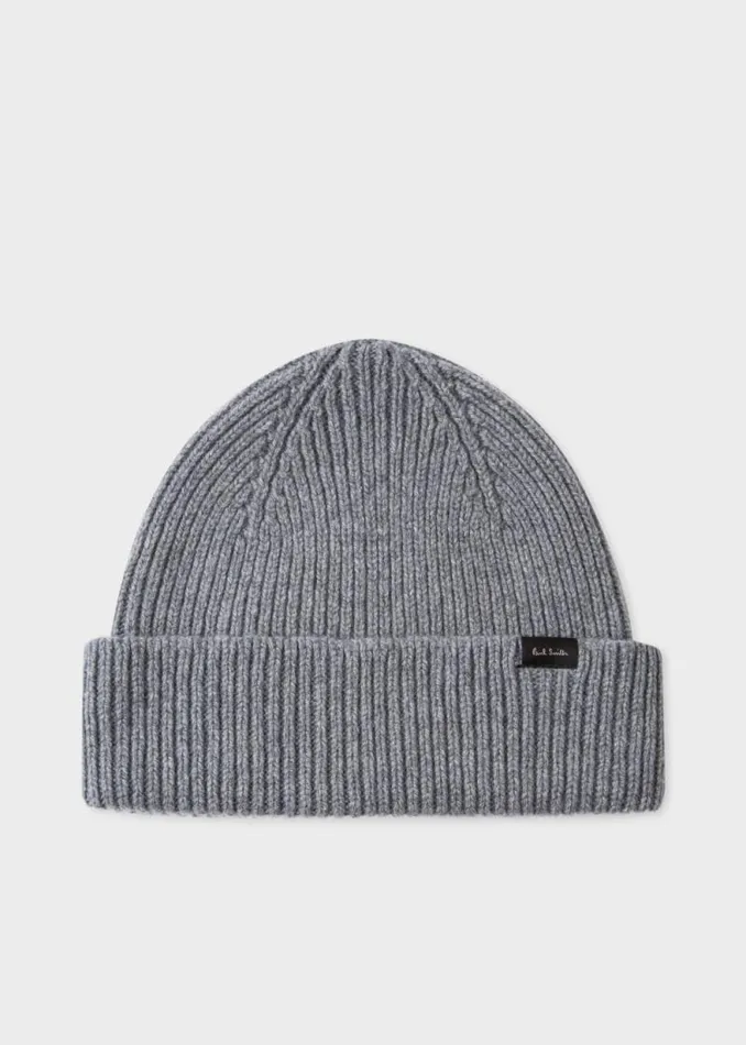 Mens Paul Smith Hats and Gloves Grey CashmereBlend Ribbed Beanie Hat