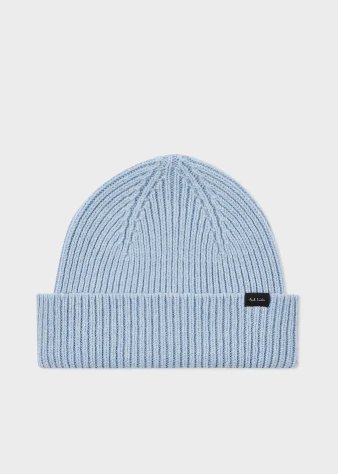 Mens Paul Smith Hats and Gloves Light Blue CashmereBlend Ribbed Beanie Hat