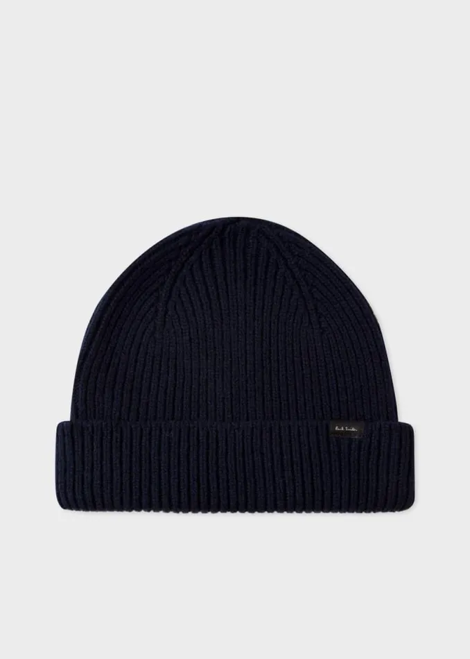 Mens Paul Smith Hats and Gloves Navy CashmereBlend Ribbed Beanie Hat