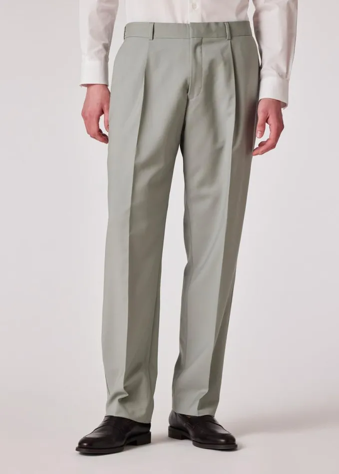 Mens Paul Smith Pants Light Green WoolMohair Pleated Trousers