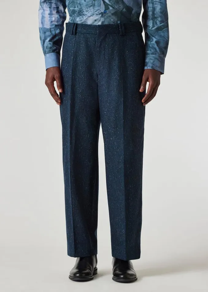 Mens Paul Smith Pants Navy Flecked WoolTweed Wide Leg Trousers