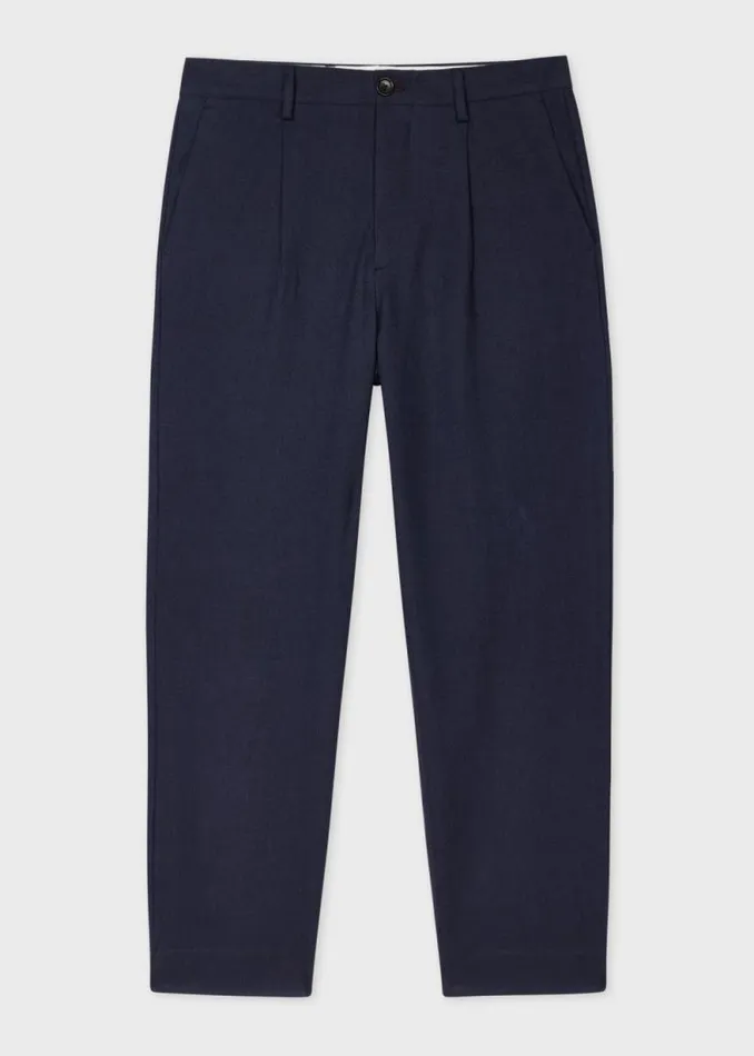 Mens Paul Smith Pants Navy YarnDye Brushed Twill Pleated Trousers