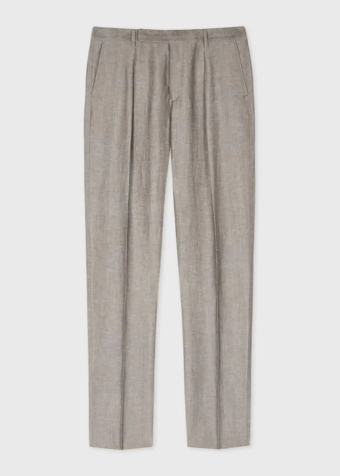 Mens Paul Smith Pants TaperedFit Light Brown LinenWool Pleated Trousers