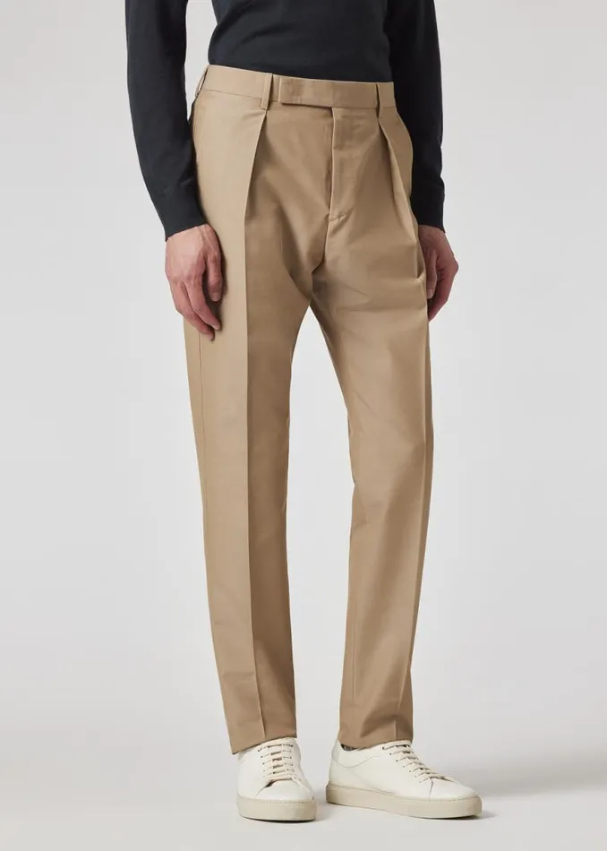 Mens Paul Smith Pants TaperedFit Tan WoolCotton Pleated Trousers