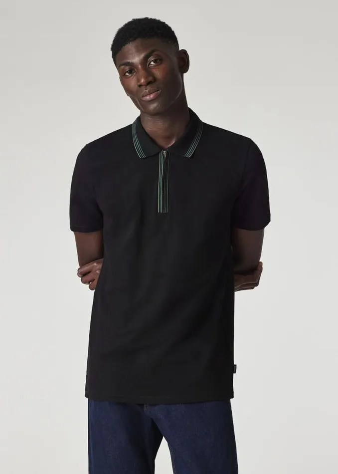 Mens Paul Smith Polo Shirts Black Zip Neck StretchCotton Polo Shirt With TwoTone Tipping