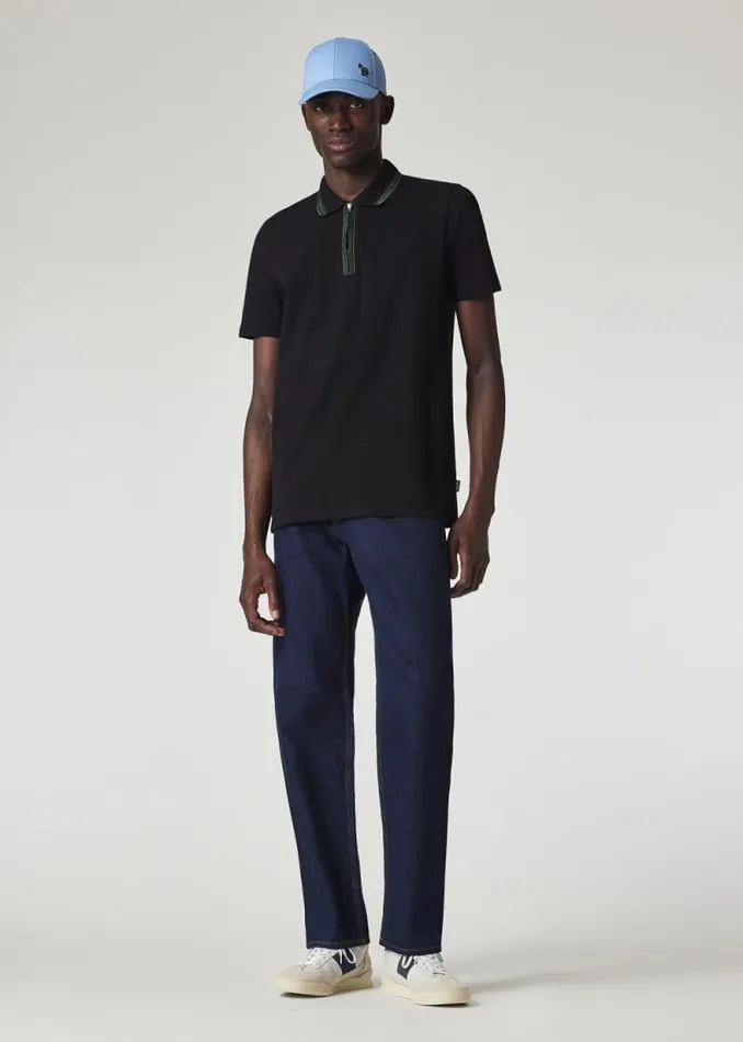 Mens Paul Smith Polo Shirts Black Zip Neck StretchCotton Polo Shirt With TwoTone Tipping