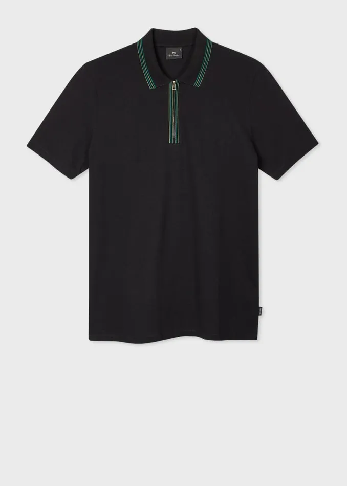 Mens Paul Smith Polo Shirts Black Zip Neck StretchCotton Polo Shirt With TwoTone Tipping