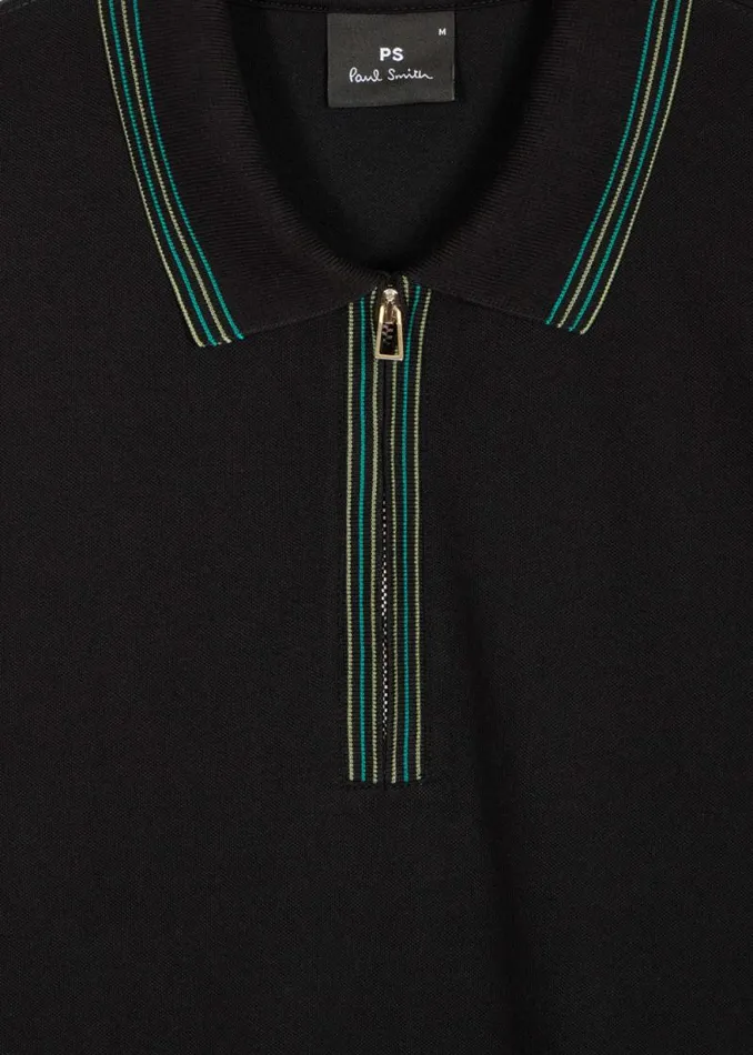 Mens Paul Smith Polo Shirts Black Zip Neck StretchCotton Polo Shirt With TwoTone Tipping