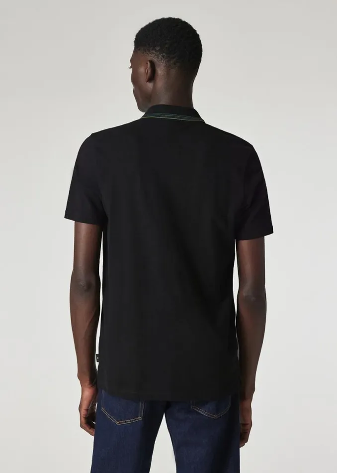 Mens Paul Smith Polo Shirts Black Zip Neck StretchCotton Polo Shirt With TwoTone Tipping