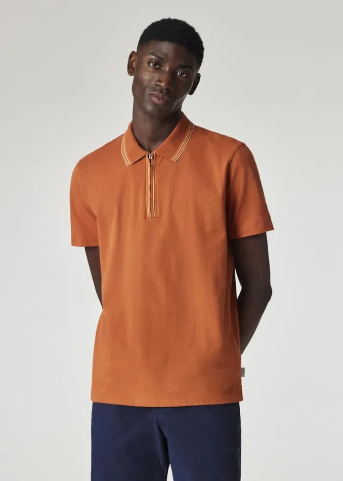 Mens Paul Smith Polo Shirts Burnt Orange Zip Neck StretchCotton Polo Shirt