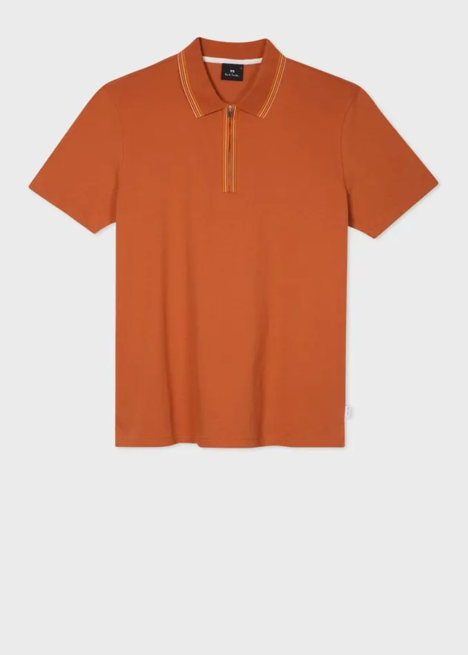 Mens Paul Smith Polo Shirts Burnt Orange Zip Neck StretchCotton Polo Shirt