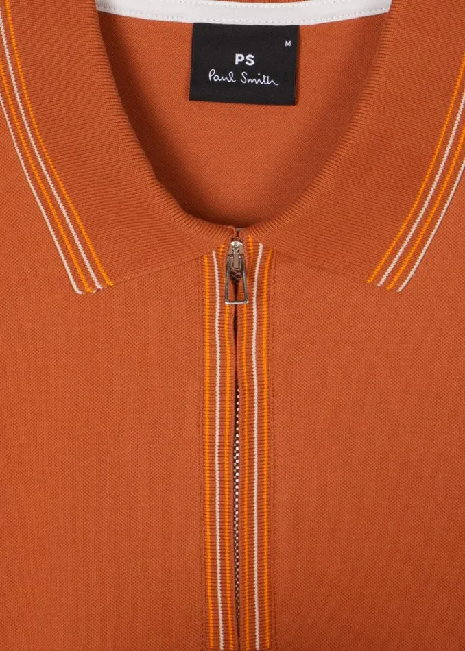 Mens Paul Smith Polo Shirts Burnt Orange Zip Neck StretchCotton Polo Shirt