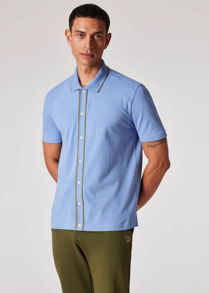Mens Paul Smith Polo Shirts Light Blue StretchCotton Polo Shirt With Tipping