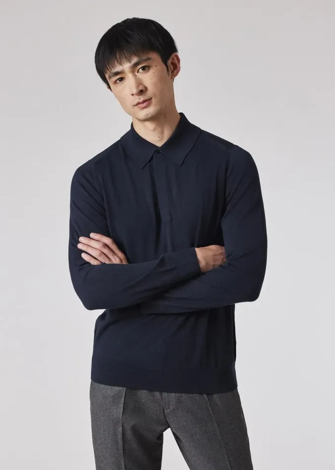 Mens Paul Smith Polo Shirts Navy Merino Wool LongSleeve Polo Shirt