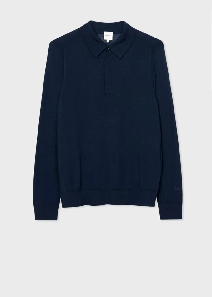 Mens Paul Smith Polo Shirts Navy Merino Wool LongSleeve Polo Shirt
