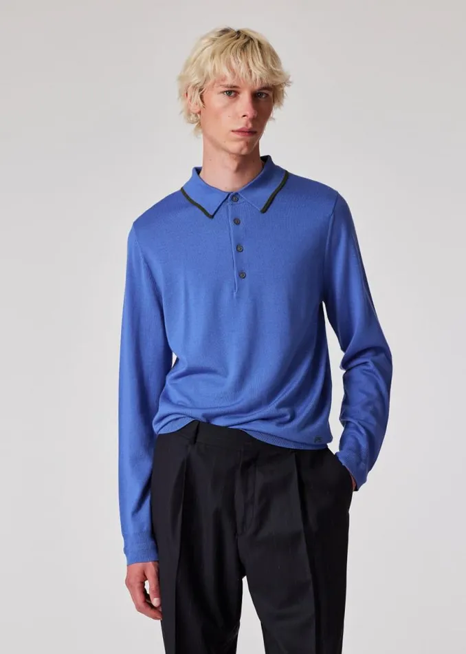 Mens Paul Smith Polo Shirts Powder Blue Merino Wool Polo Sweater