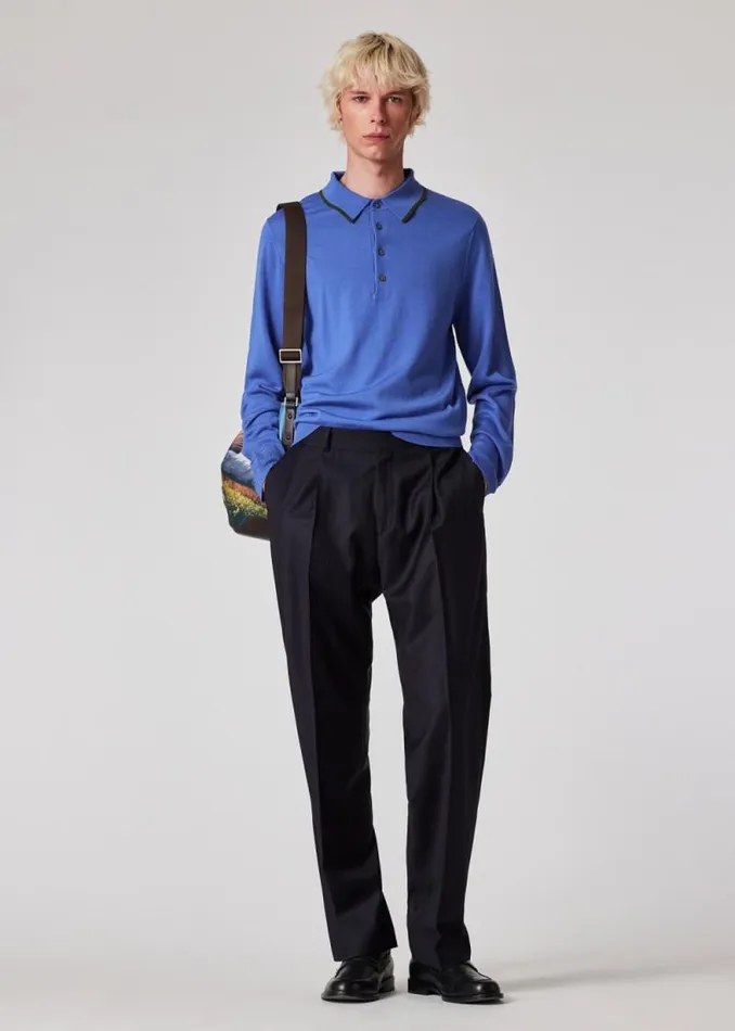 Mens Paul Smith Polo Shirts Powder Blue Merino Wool Polo Sweater