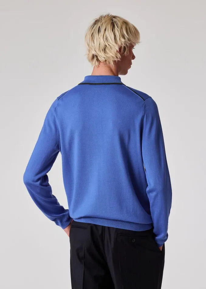 Mens Paul Smith Polo Shirts Powder Blue Merino Wool Polo Sweater