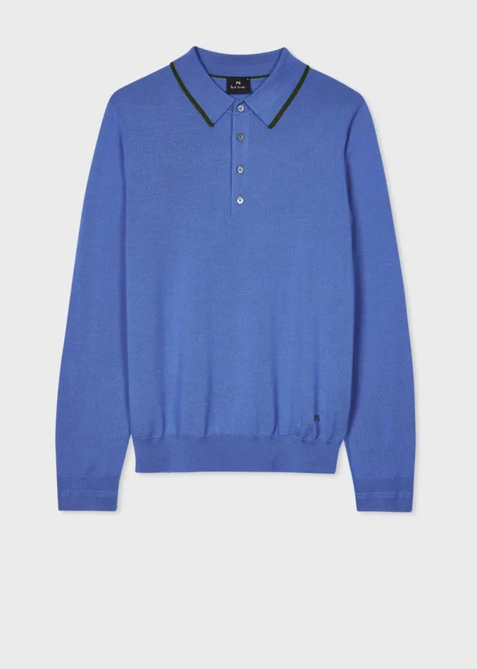 Mens Paul Smith Polo Shirts Powder Blue Merino Wool Polo Sweater