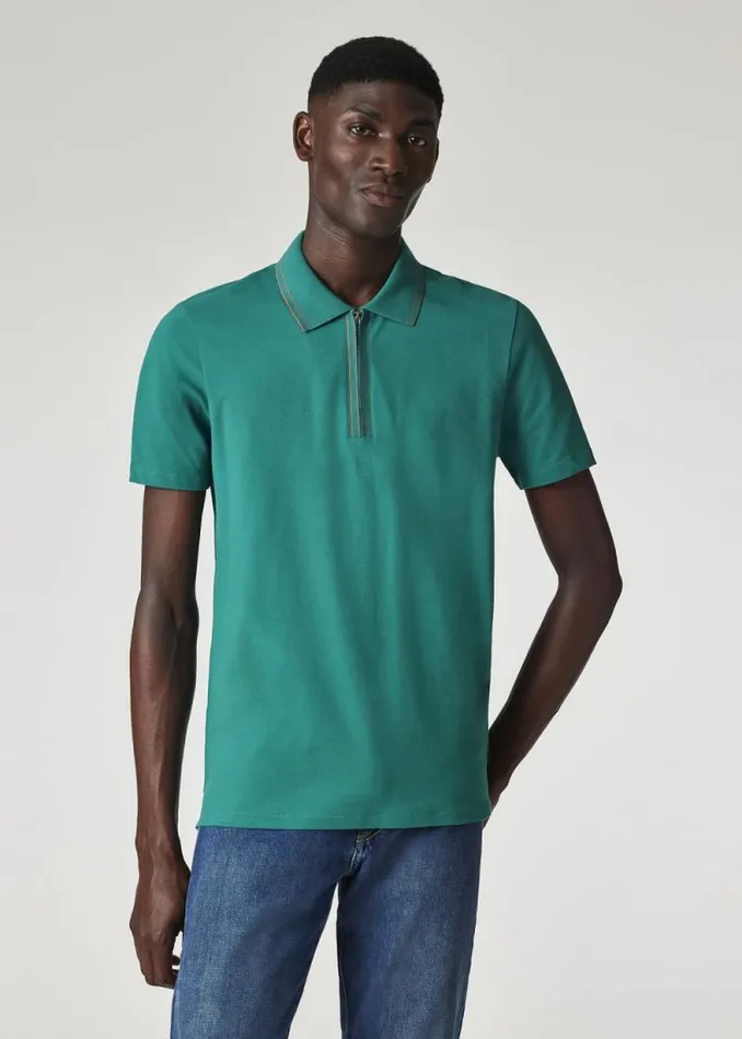 Mens Paul Smith Polo Shirts Teal Zip Neck StretchCotton Polo Shirt