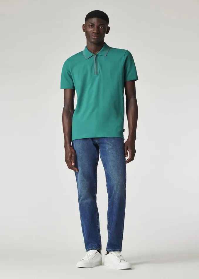 Mens Paul Smith Polo Shirts Teal Zip Neck StretchCotton Polo Shirt