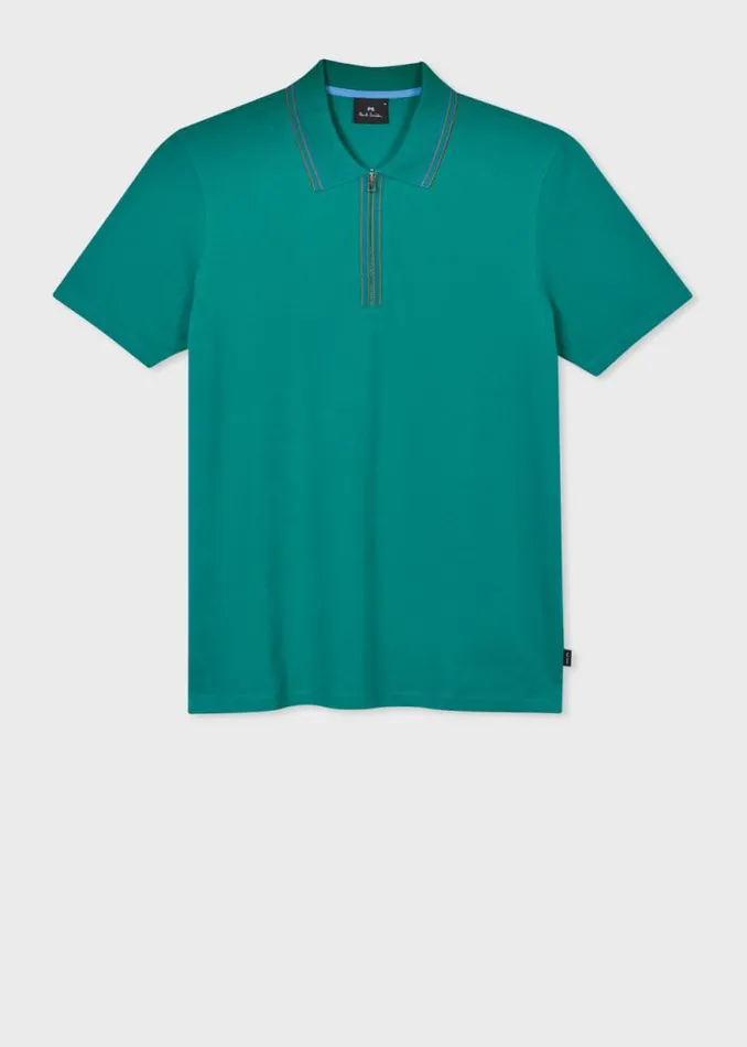 Mens Paul Smith Polo Shirts Teal Zip Neck StretchCotton Polo Shirt