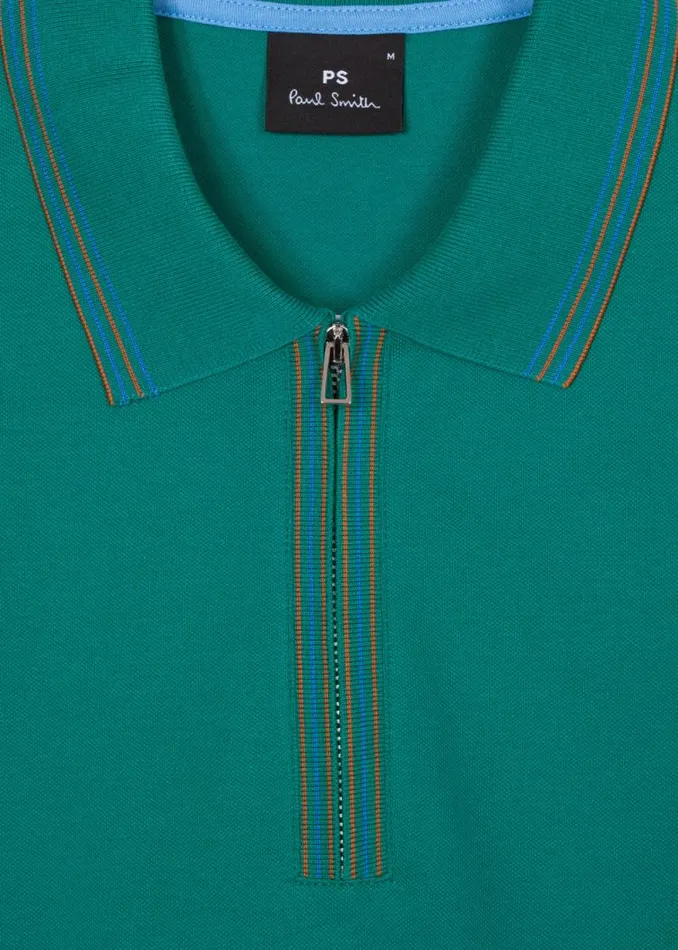 Mens Paul Smith Polo Shirts Teal Zip Neck StretchCotton Polo Shirt