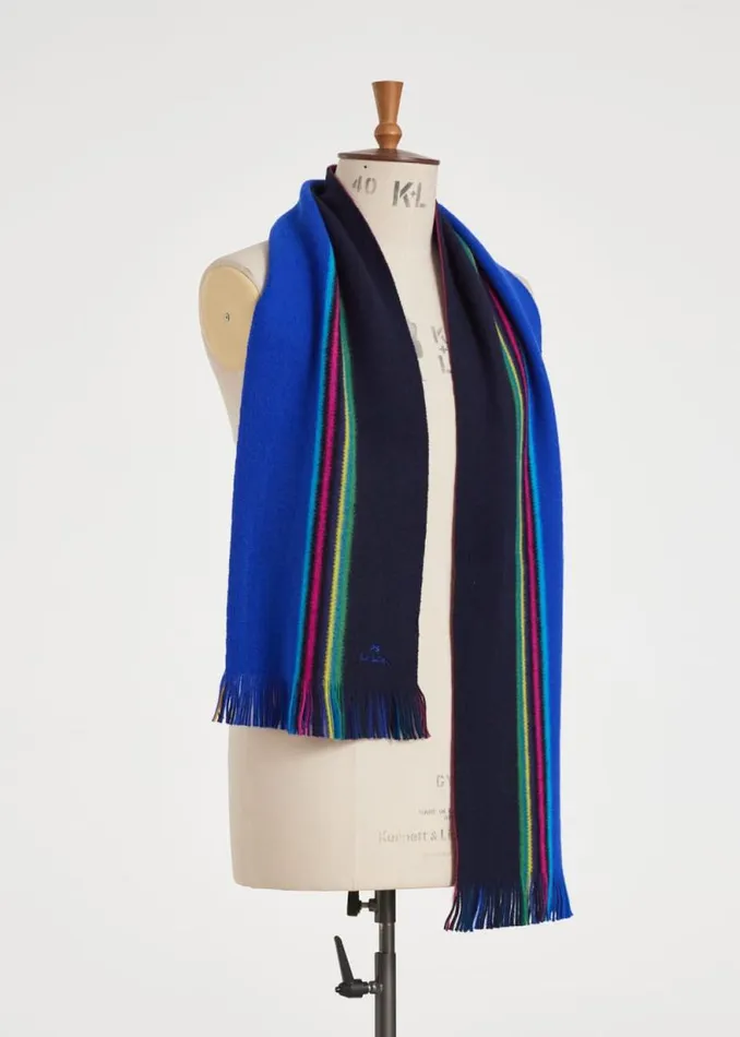 Mens Paul Smith Scarves Blue Reversible 039Sports Stripe039 Scarf