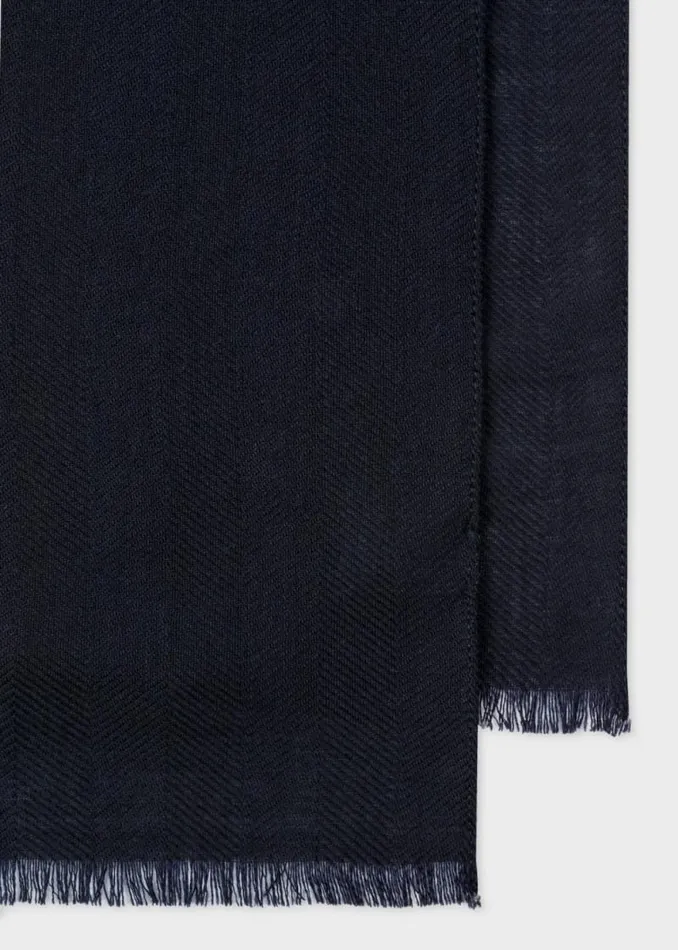 Mens Paul Smith Scarves Dark Navy 039Artist Stripe039 Band Herringbone WoolBlend Scarf
