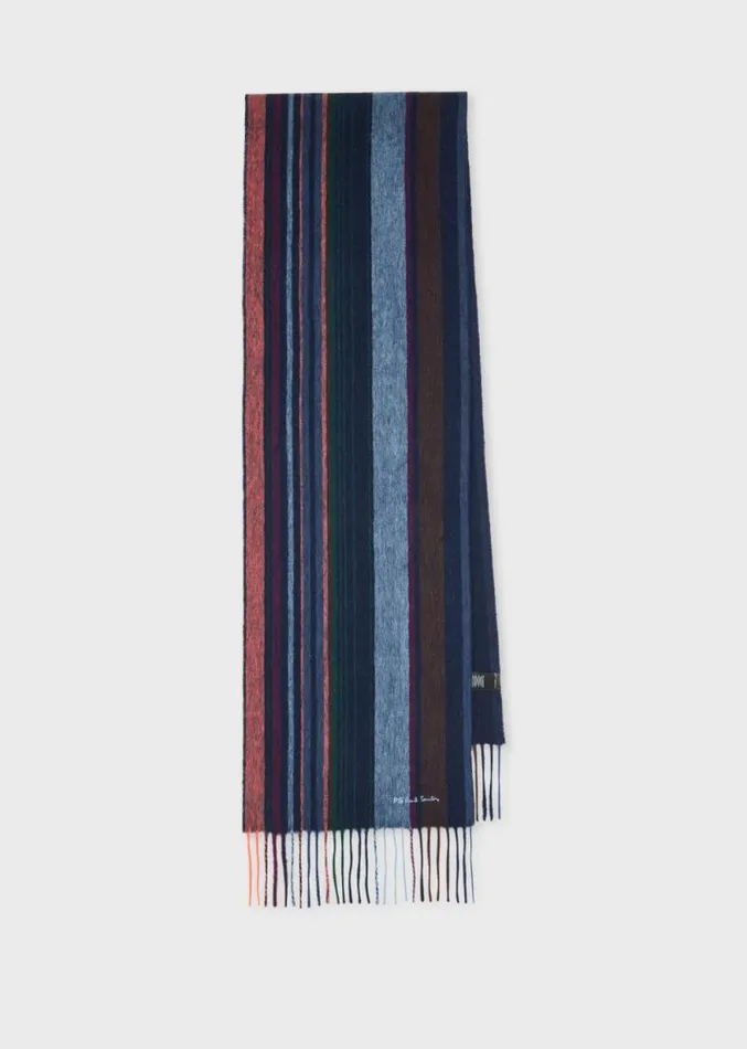 Mens Paul Smith Scarves Navy Wool Multi Colour Stripe Scarf