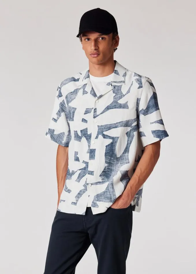 Mens Paul Smith Shirts Blue 039Abstract Cutout039 ViscoseLinen Shirt